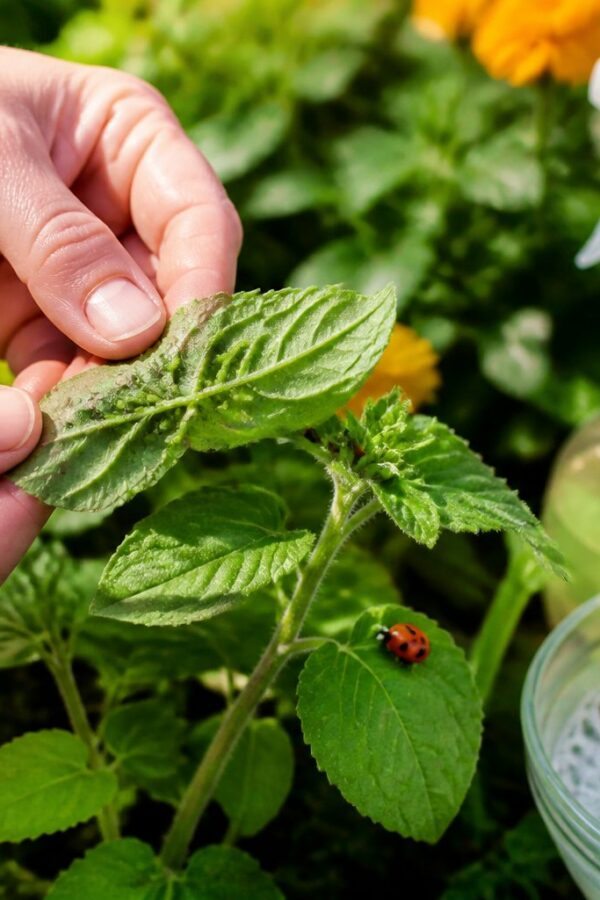 Mãos de jardineiro inspecionando folhas verdes com pulgões, com joaninhas e um borrifador de pesticida natural ao lado.