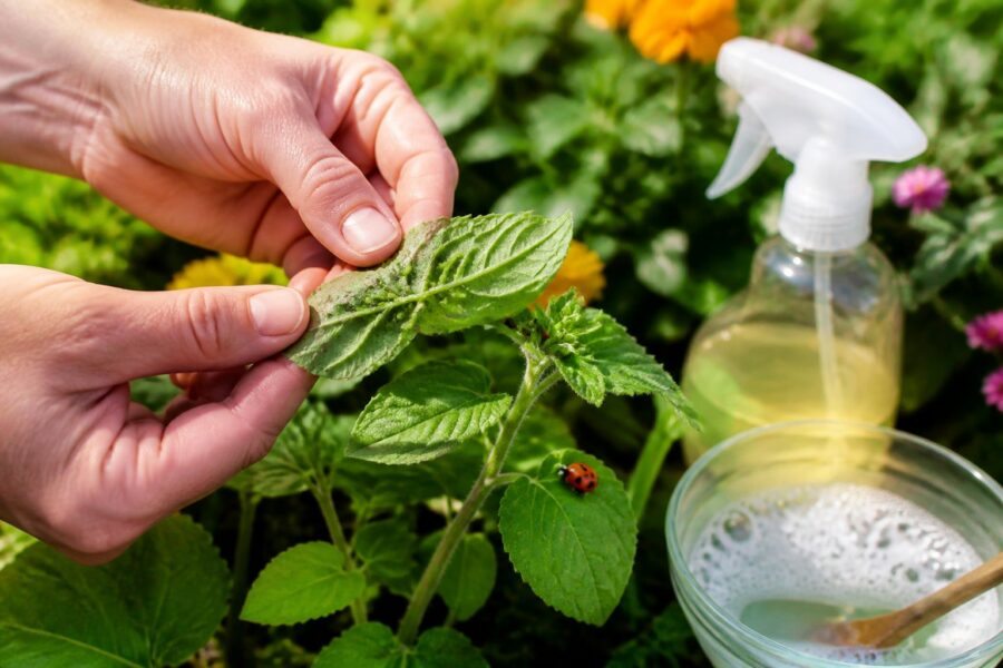 Mãos de jardineiro inspecionando folhas verdes com pulgões, com joaninhas e um borrifador de pesticida natural ao lado.