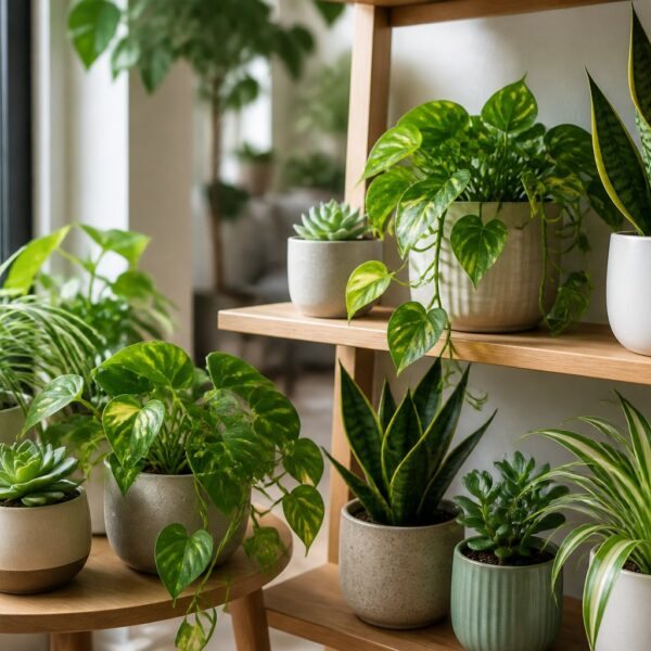 Vários vasos com plantas verdes fáceis de cuidar dispostos em uma prateleira e mesa perto de uma janela iluminada pelo sol.