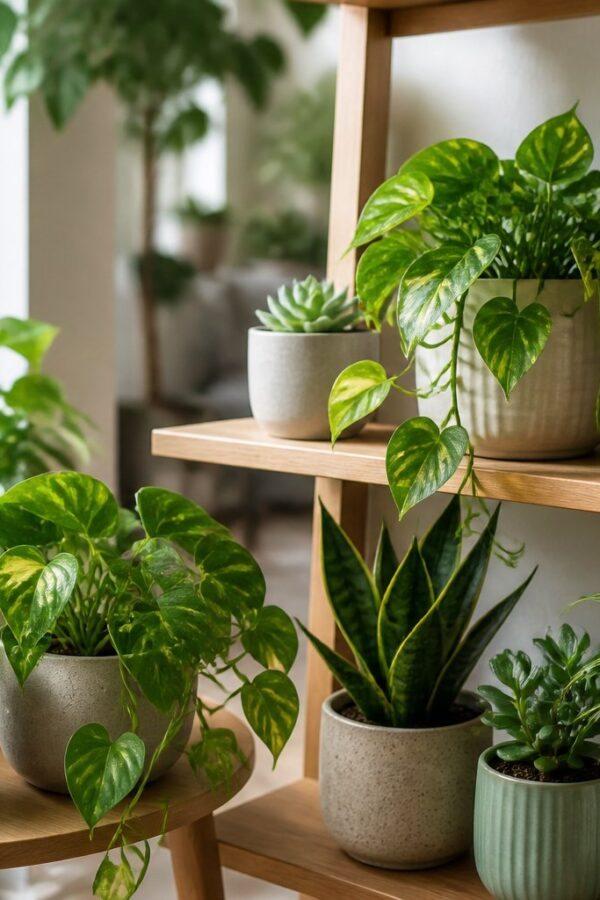Vários vasos com plantas verdes fáceis de cuidar dispostos em uma prateleira e mesa perto de uma janela iluminada pelo sol.