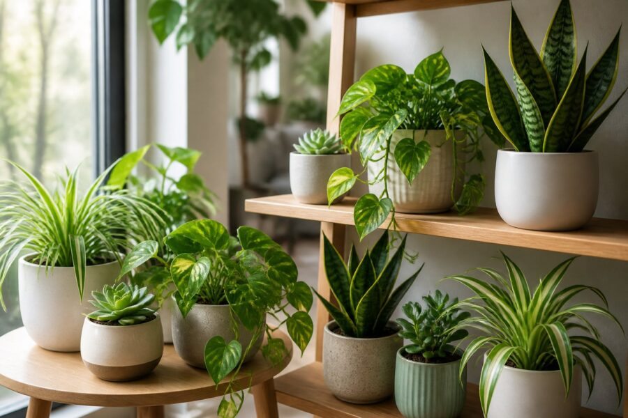 Vários vasos com plantas verdes fáceis de cuidar dispostos em uma prateleira e mesa perto de uma janela iluminada pelo sol.