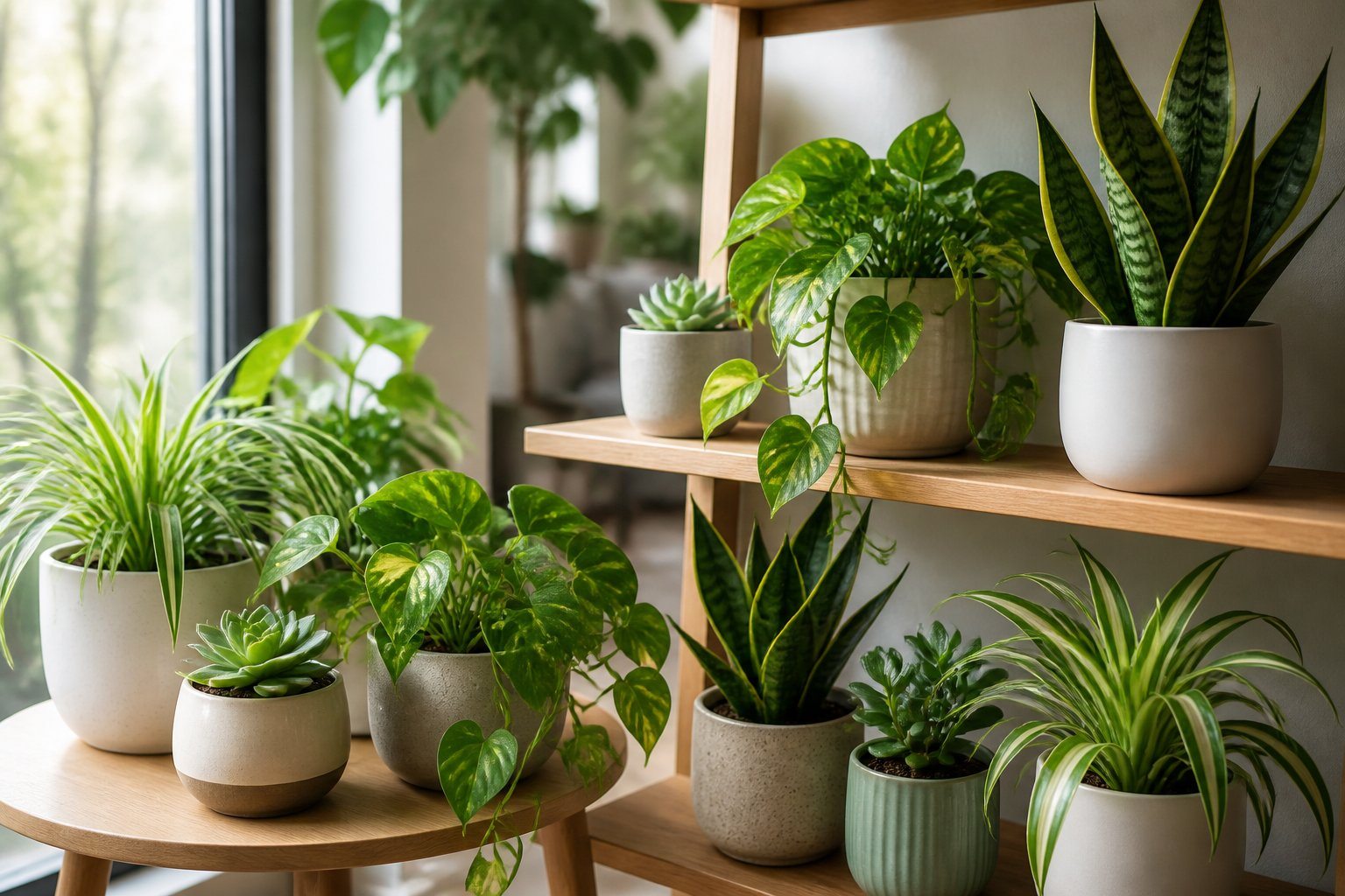 Vários vasos com plantas verdes fáceis de cuidar dispostos em uma prateleira e mesa perto de uma janela iluminada pelo sol.