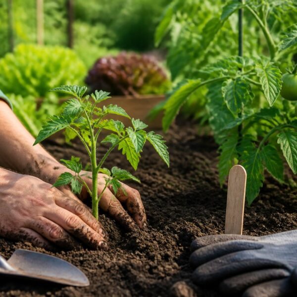 Mãos de jardineiro plantando mudas de tomate em solo fértil em um jardim ensolarado.