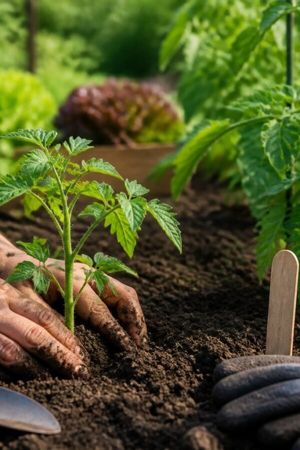 Mãos de jardineiro plantando mudas de tomate em solo fértil em um jardim ensolarado.