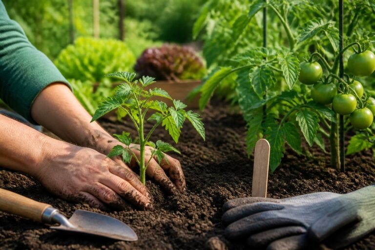 Mãos de jardineiro plantando mudas de tomate em solo fértil em um jardim ensolarado.