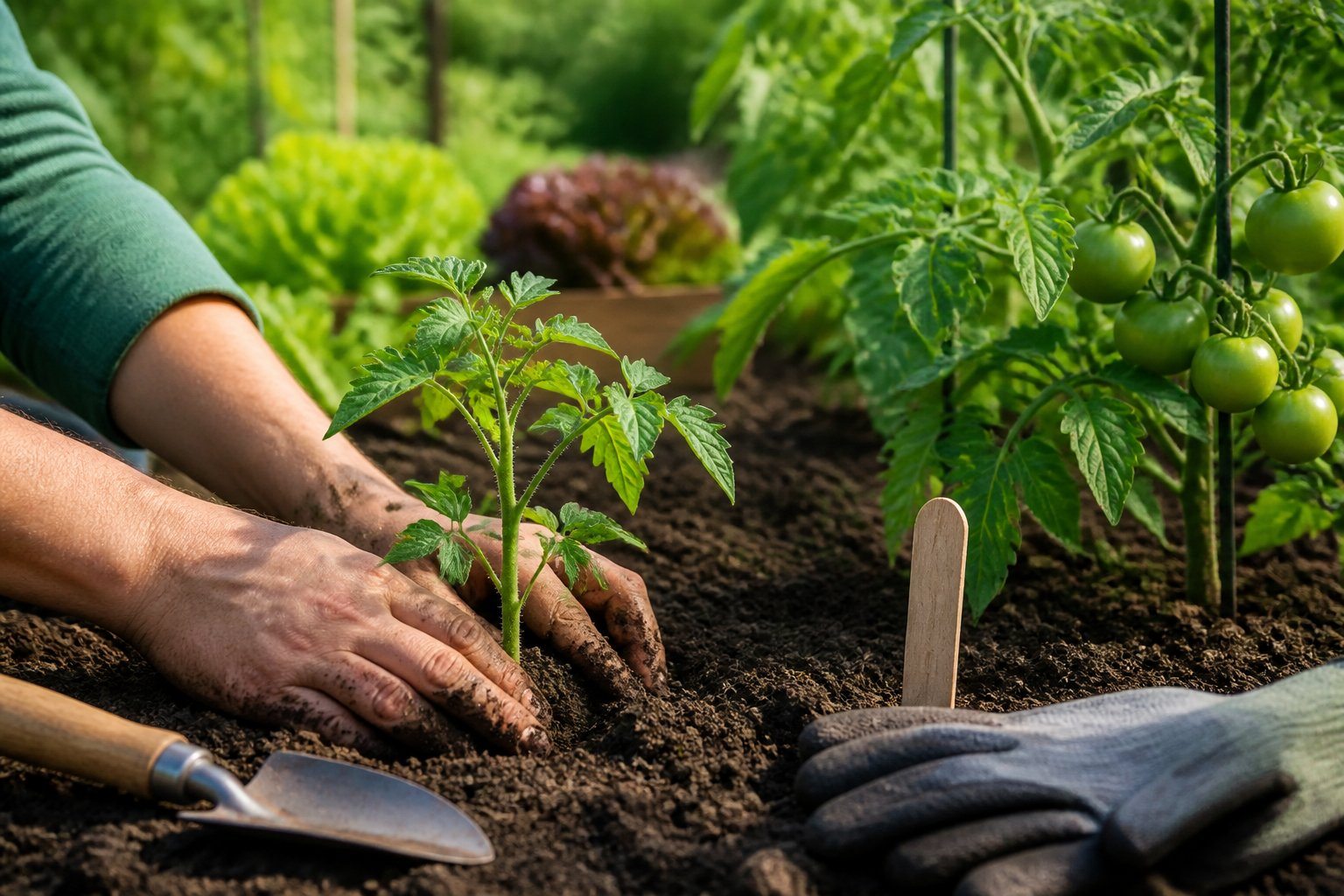 Mãos de jardineiro plantando mudas de tomate em solo fértil em um jardim ensolarado.
