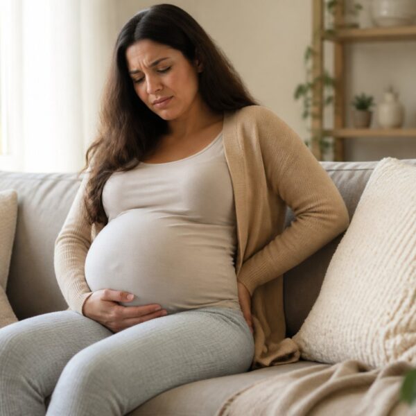Mulher grávida sentada em um sofá, segurando a região pélvica com expressão de desconforto.