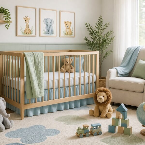 Quarto de bebê claro e moderno com berço de madeira e brinquedos organizados, transmitindo aconchego e expectativa.