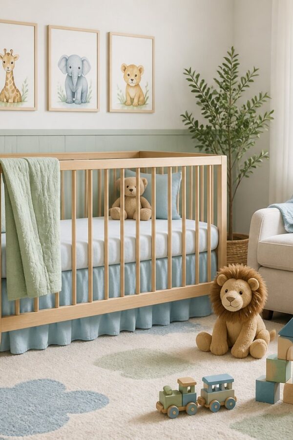 Quarto de bebê claro e moderno com berço de madeira e brinquedos organizados, transmitindo aconchego e expectativa.