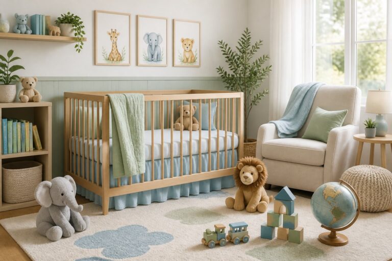 Quarto de bebê claro e moderno com berço de madeira e brinquedos organizados, transmitindo aconchego e expectativa.