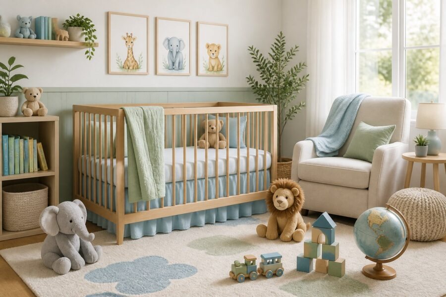 Quarto de bebê claro e moderno com berço de madeira e brinquedos organizados, transmitindo aconchego e expectativa.