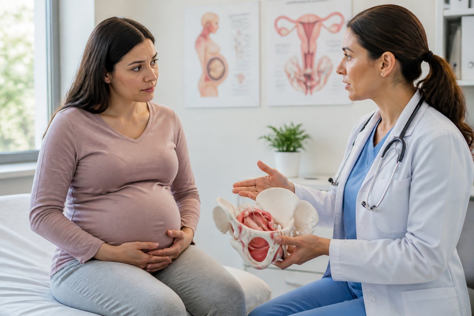 Mulher grávida sentada em consultório médico, segurando a região pélvica, enquanto profissional de saúde explica sobre dor pélvica na gravidez.