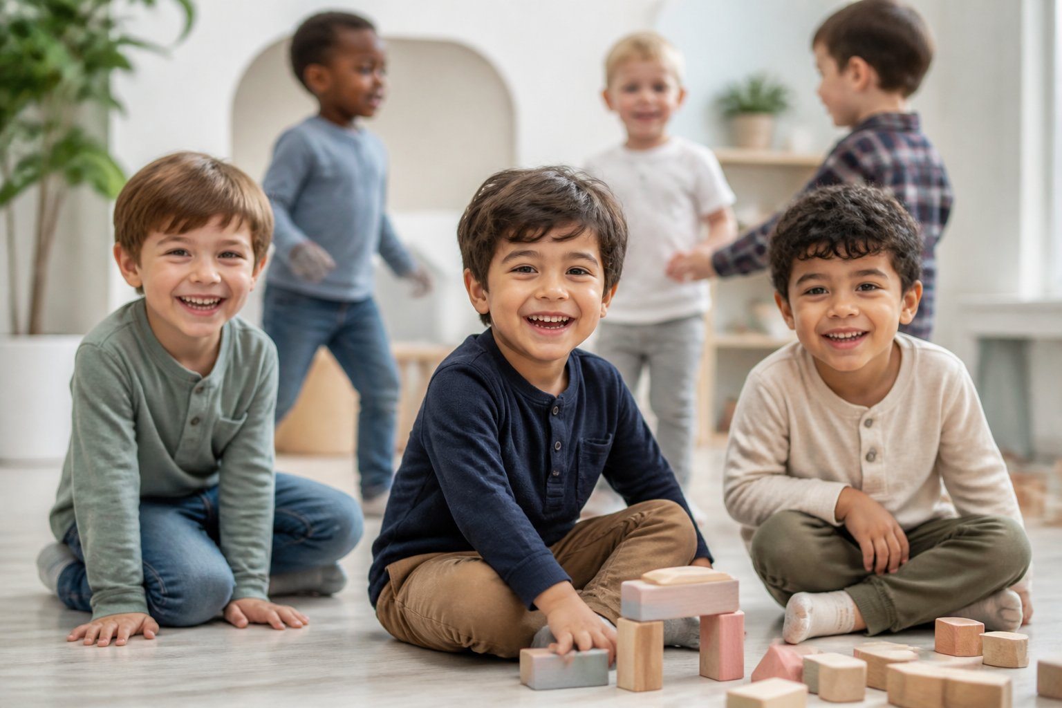 Crianças meninos diversas brincando e sorrindo em ambiente interno iluminado e moderno.