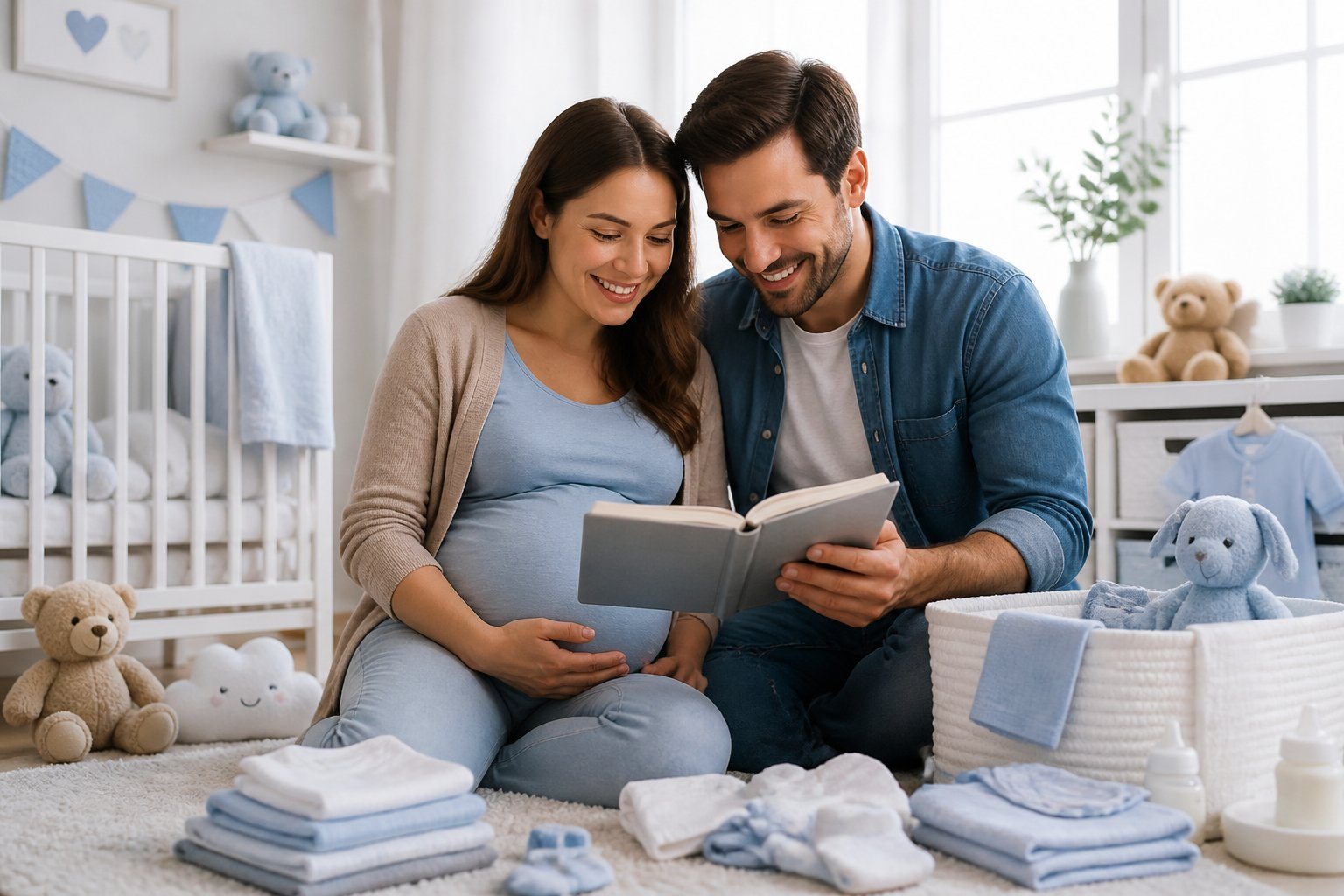 Casal feliz em um quarto de bebê decorado, olhando juntos para um livro de nomes de meninos, com roupas e brinquedos ao redor.