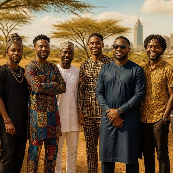 Grupo de homens africanos sorrindo juntos ao ar livre, com roupas tradicionais e modernas, em um cenário natural.