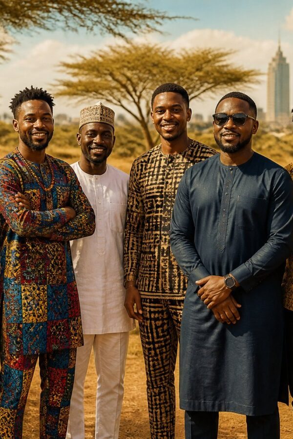 Grupo de homens africanos sorrindo juntos ao ar livre, com roupas tradicionais e modernas, em um cenário natural.