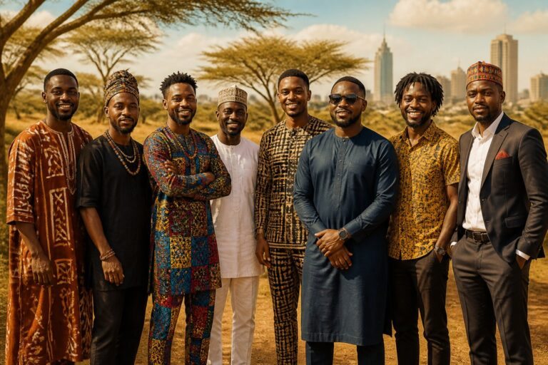 Grupo de homens africanos sorrindo juntos ao ar livre, com roupas tradicionais e modernas, em um cenário natural.