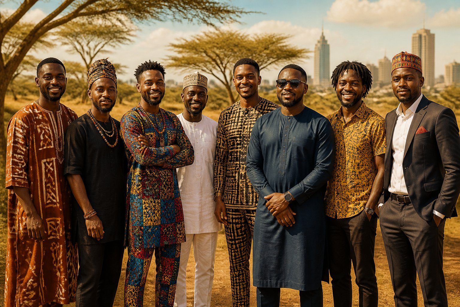 Grupo de homens africanos sorrindo juntos ao ar livre, com roupas tradicionais e modernas, em um cenário natural.