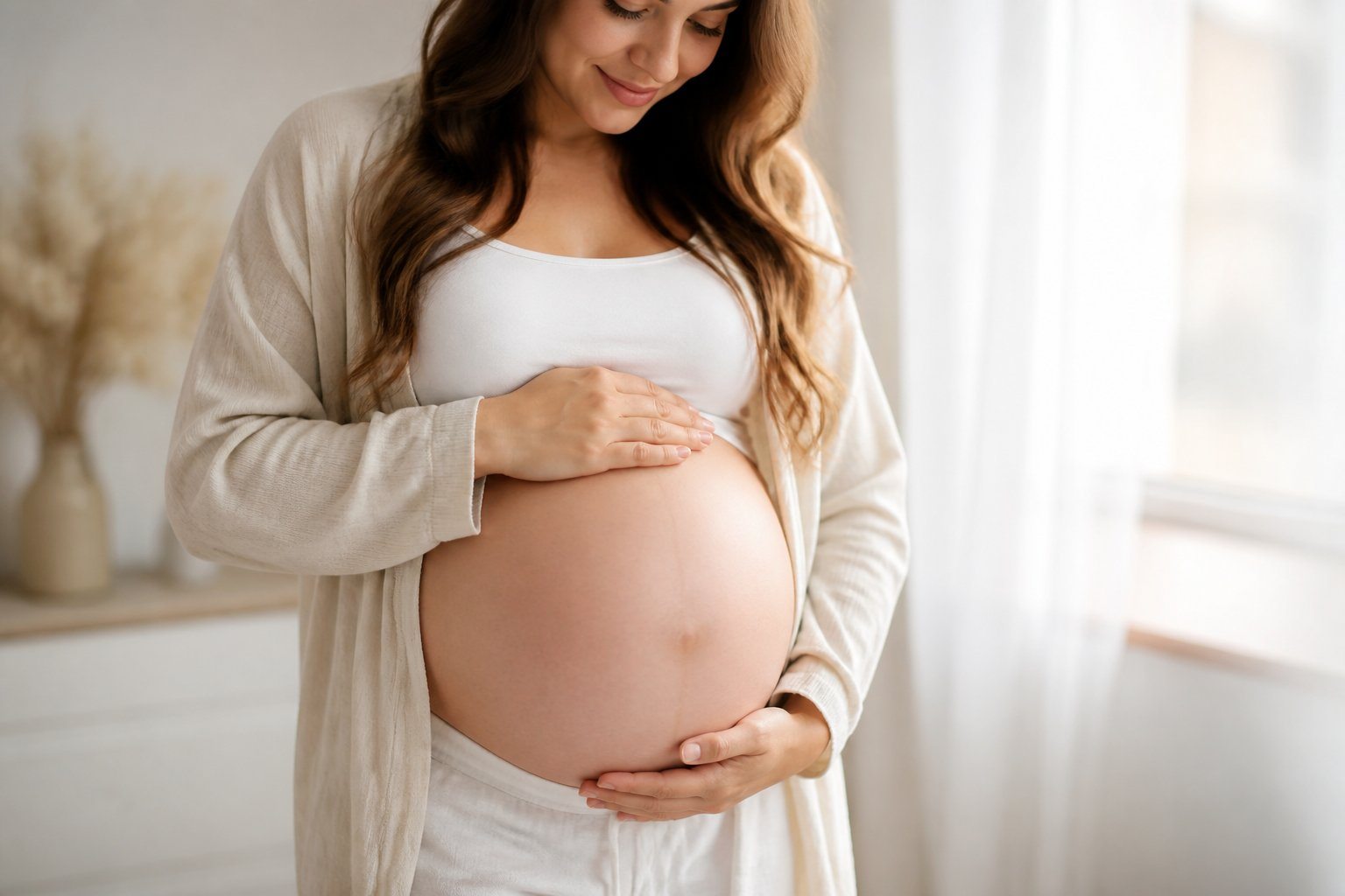 Mulher grávida acariciando a barriga em um ambiente tranquilo.