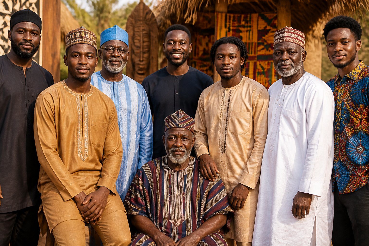 Grupo de homens africanos de diferentes idades, vestidos com roupas tradicionais e modernas, reunidos ao ar livre em um ambiente natural com elementos culturais ao fundo.