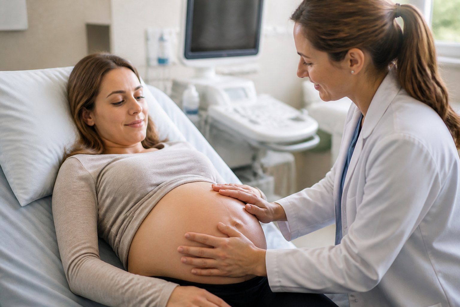 Mulher grávida deitada em uma cama hospitalar enquanto um profissional de saúde examina sua barriga para verificar a posição da cabeça do bebê.