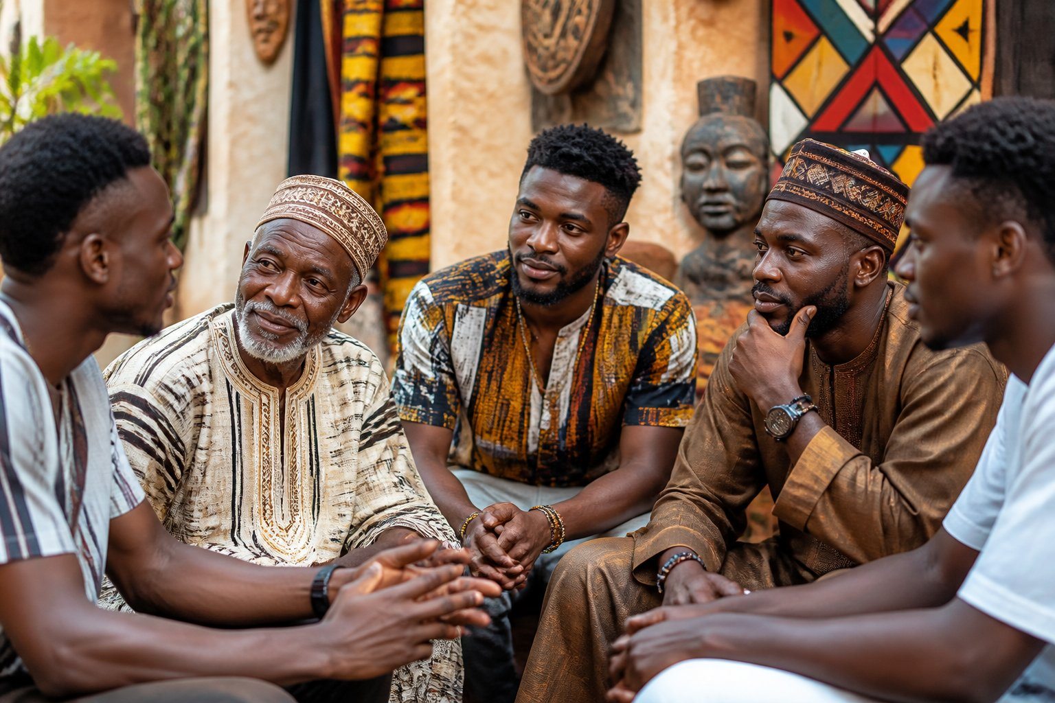 Grupo de homens africanos conversando ao ar livre em um ambiente urbano, com roupas tradicionais e modernas, transmitindo inspiração e conexão cultural.