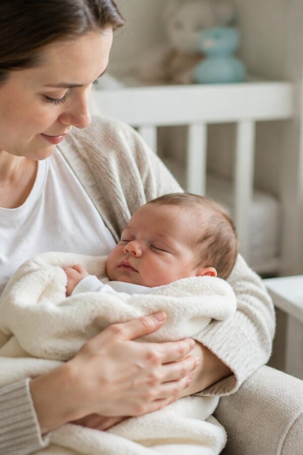 Um pai ou mãe segurando carinhosamente um recém-nascido envolto em um cobertor em um quarto claro e aconchegante, com itens de cuidado para bebê próximos.