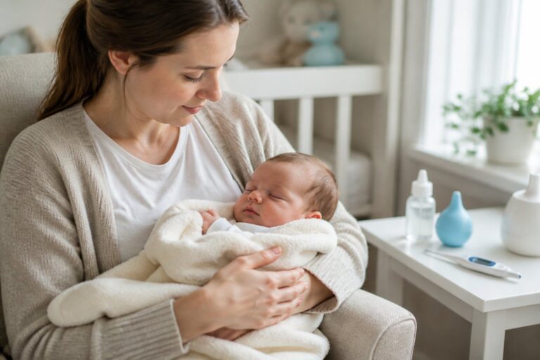 Um pai ou mãe segurando carinhosamente um recém-nascido envolto em um cobertor em um quarto claro e aconchegante, com itens de cuidado para bebê próximos.
