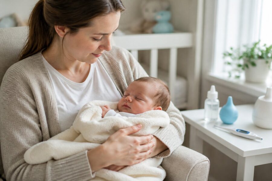 Um pai ou mãe segurando carinhosamente um recém-nascido envolto em um cobertor em um quarto claro e aconchegante, com itens de cuidado para bebê próximos.