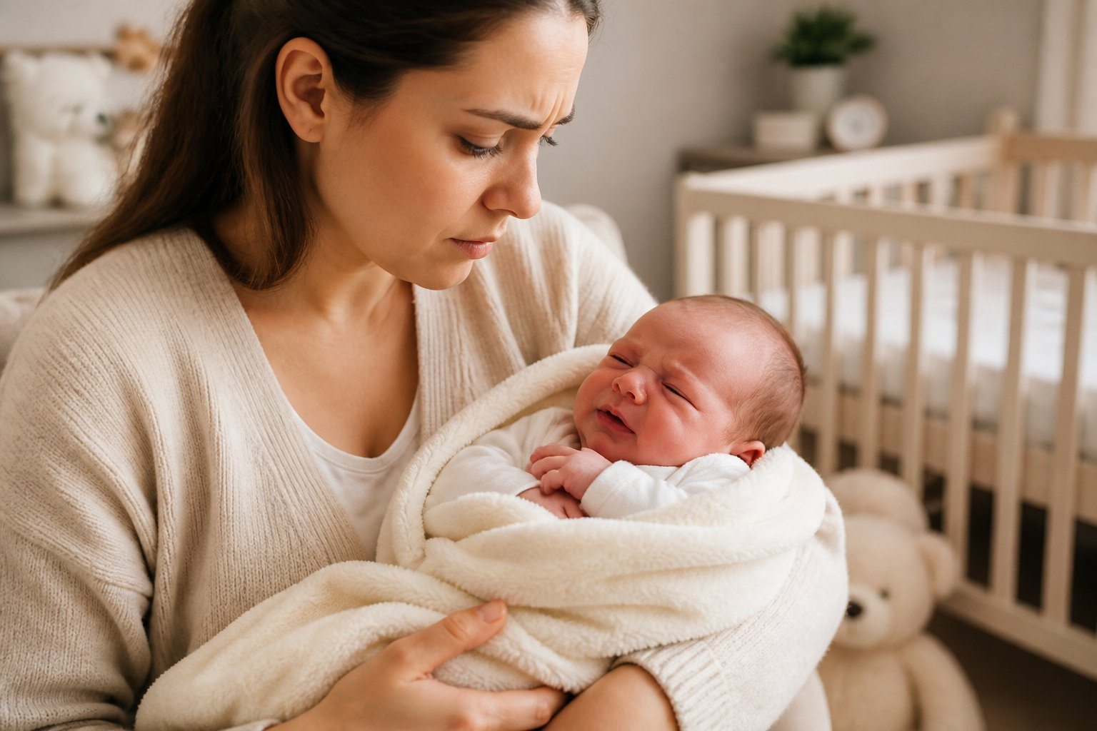 Um pai preocupado segurando delicadamente um recém-nascido em um quarto de bebê aconchegante.
