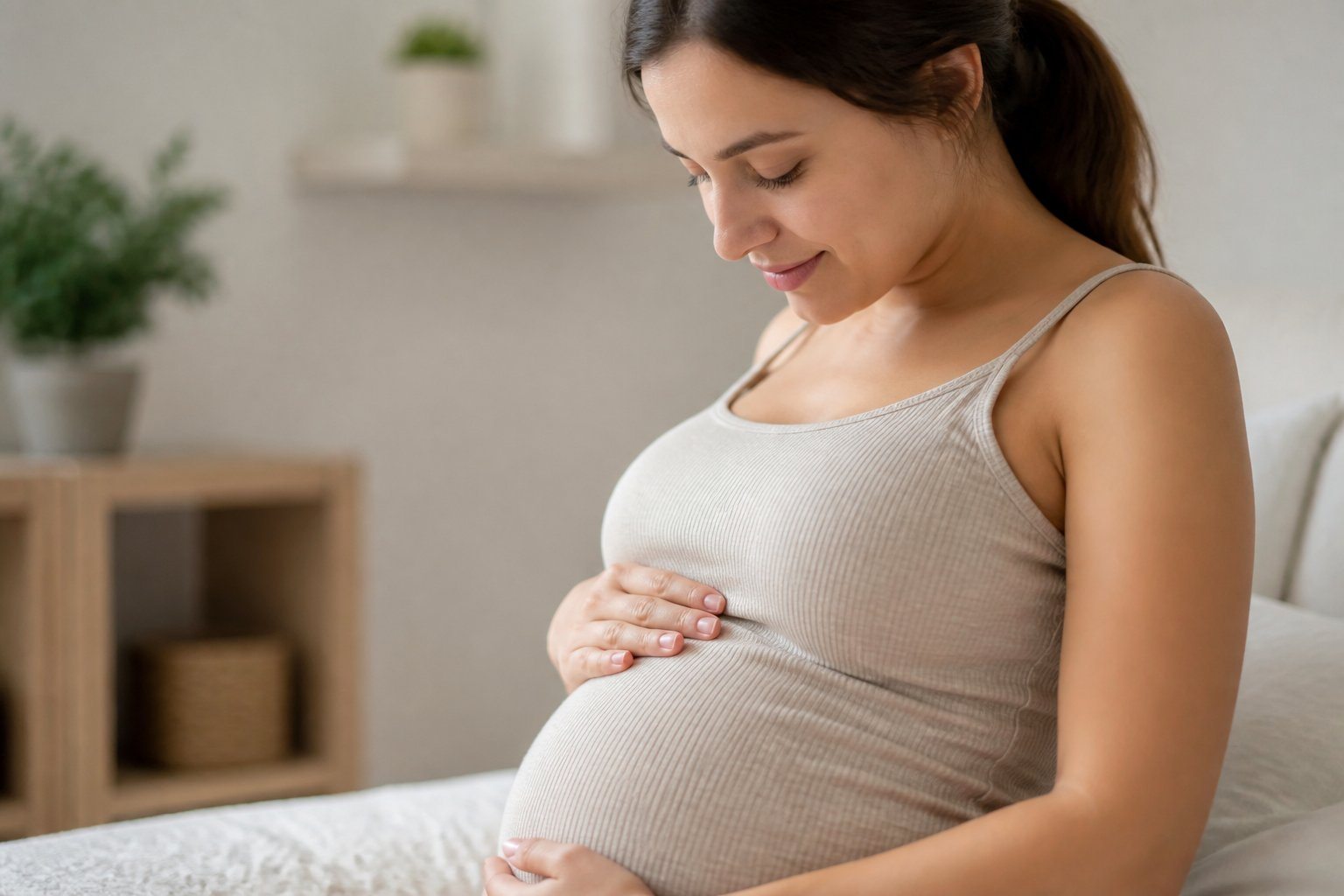 Mulher grávida no início da gestação tocando suavemente a barriga em um ambiente claro e acolhedor.