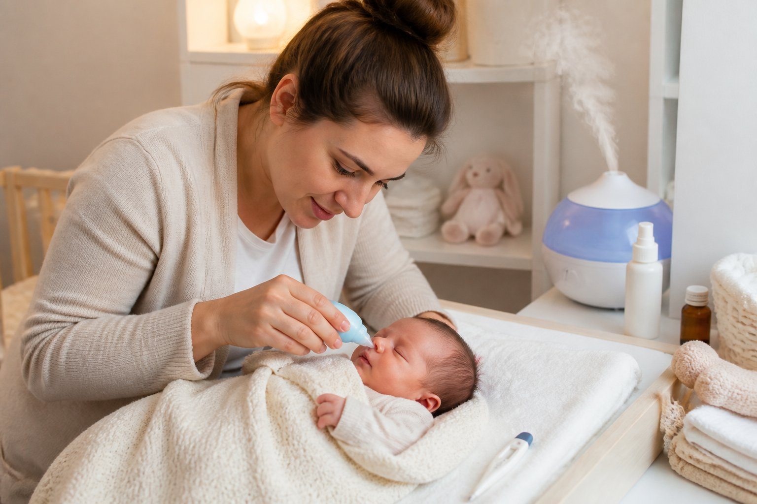 Um pai ou mãe cuidando carinhosamente de um recém-nascido com resfriado em um quarto de bebê aconchegante.