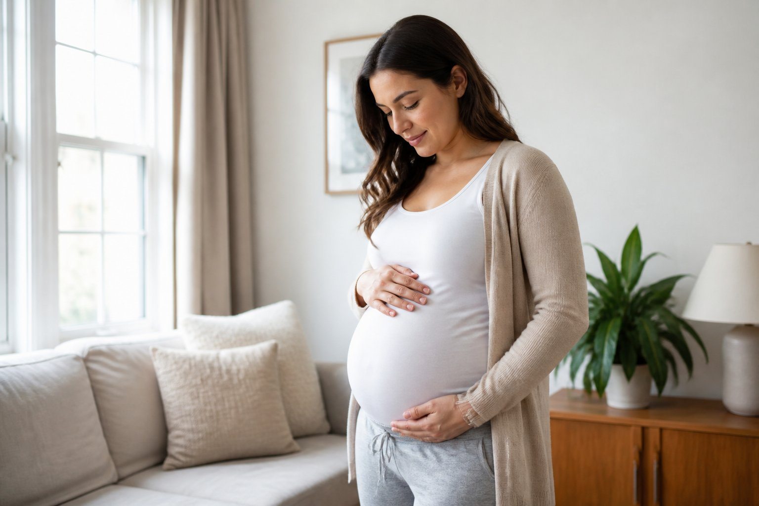 Mulher grávida no primeiro mês, tocando suavemente a barriga em ambiente interno iluminado e acolhedor.