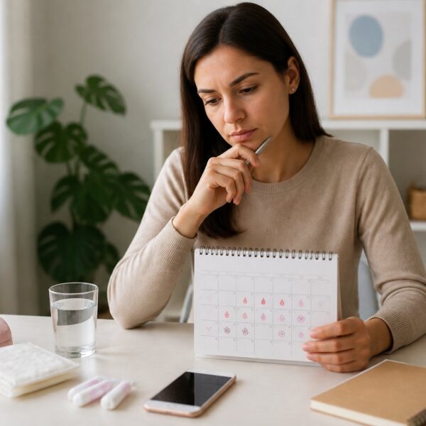 Mulher jovem sentada em uma mesa olhando para um calendário com marcações do ciclo menstrual e produtos de higiene feminina ao redor.