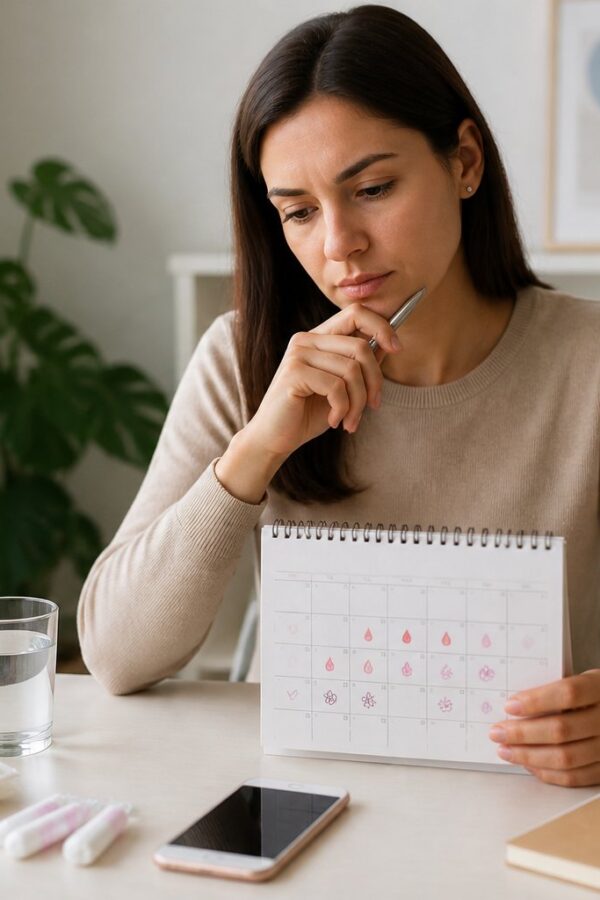 Mulher jovem sentada em uma mesa olhando para um calendário com marcações do ciclo menstrual e produtos de higiene feminina ao redor.