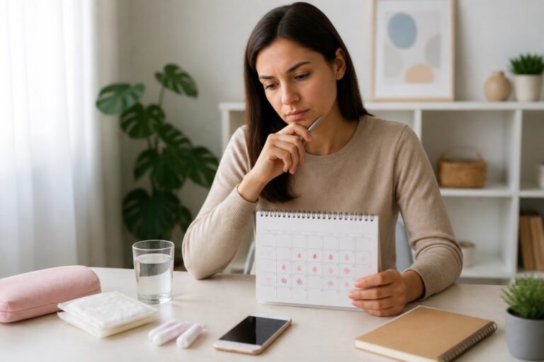 Mulher jovem sentada em uma mesa olhando para um calendário com marcações do ciclo menstrual e produtos de higiene feminina ao redor.