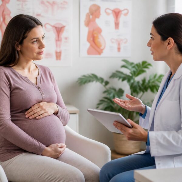 Mulher grávida em consulta médica com profissional de saúde, ambos sentados em ambiente acolhedor e iluminado.