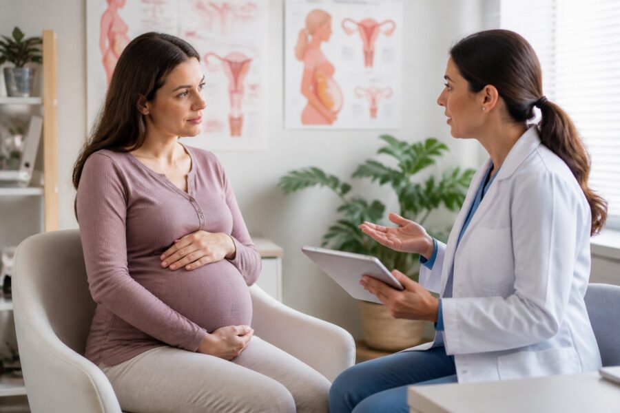 Mulher grávida em consulta médica com profissional de saúde, ambos sentados em ambiente acolhedor e iluminado.