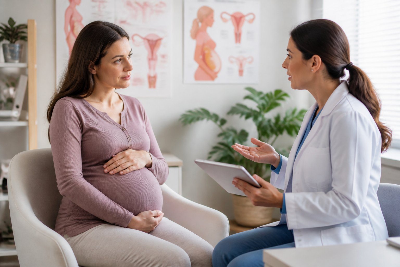Mulher grávida em consulta médica com profissional de saúde, ambos sentados em ambiente acolhedor e iluminado.