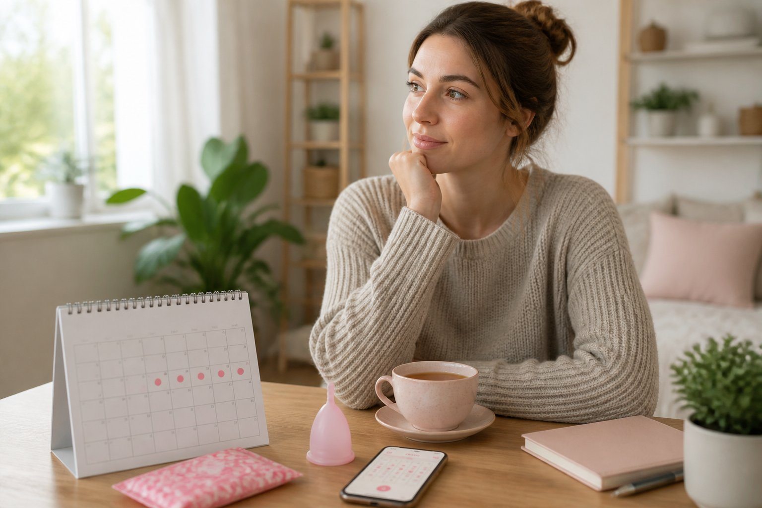 Mulher jovem sentada à mesa olhando pensativa para um calendário, com itens relacionados ao ciclo menstrual ao redor, em um ambiente doméstico iluminado.