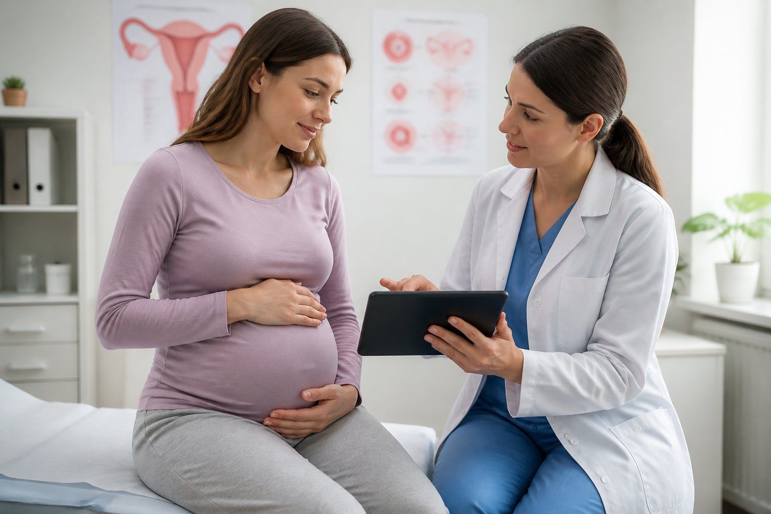 Mulher grávida em consulta médica com profissional de saúde em ambiente clínico, ambos conversando atentamente.