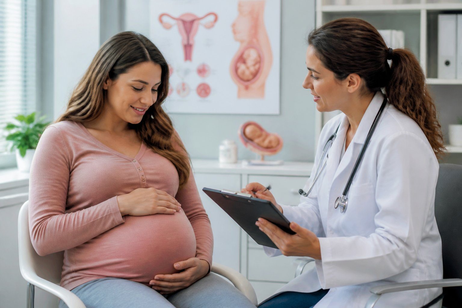 Mulher grávida recebendo orientação de uma profissional de saúde em uma sala de consulta médica.