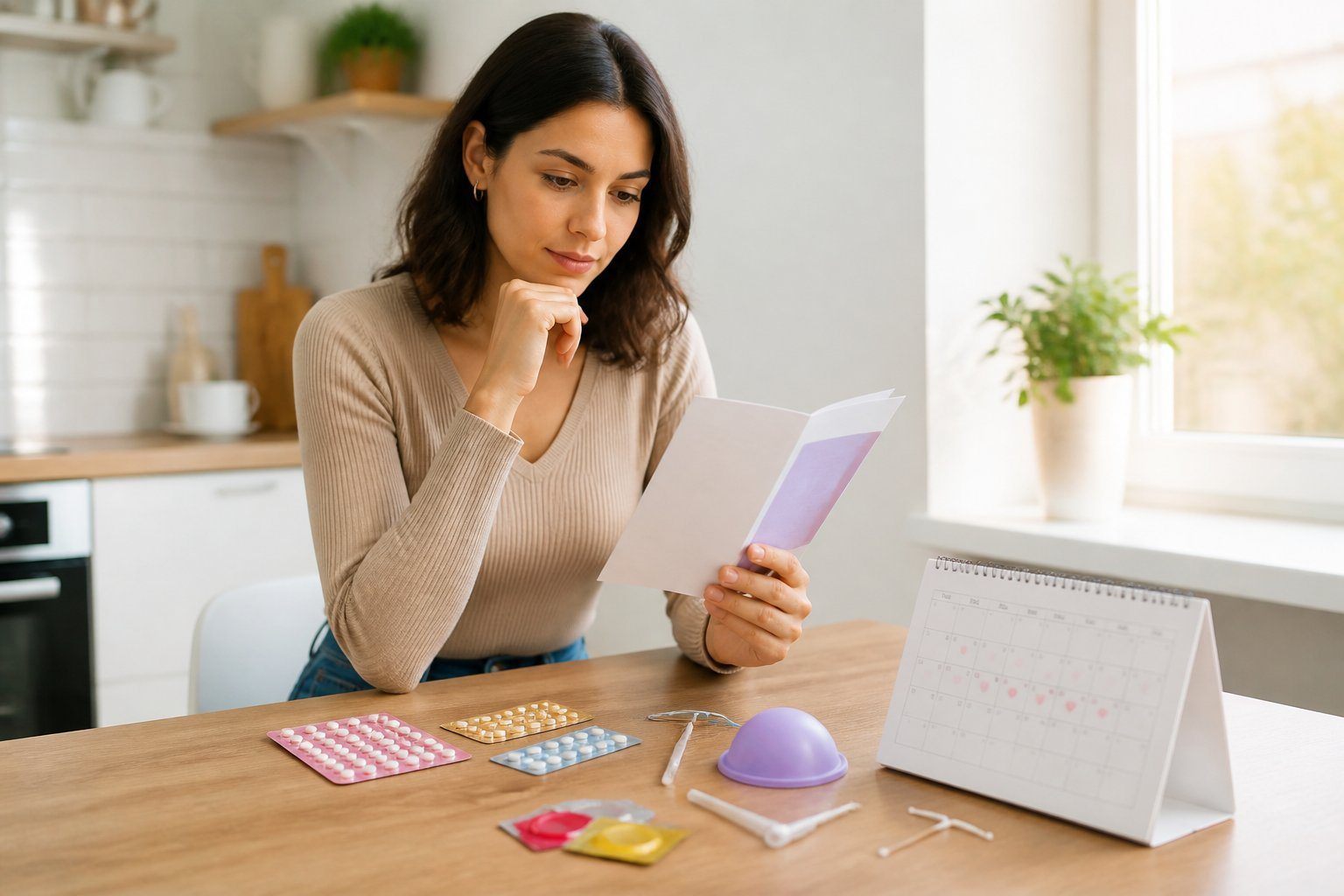 Mulher jovem sentada à mesa da cozinha, olhando para um folheto sobre métodos contraceptivos, com pílulas anticoncepcionais, preservativos e um calendário ao redor.