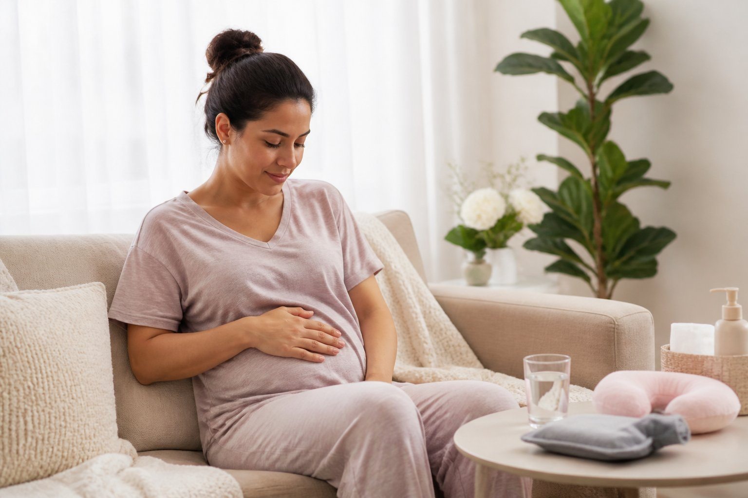 Mulher sentada confortavelmente em um sofá, apoiando a barriga, em uma sala iluminada e tranquila, transmitindo descanso após cesárea.