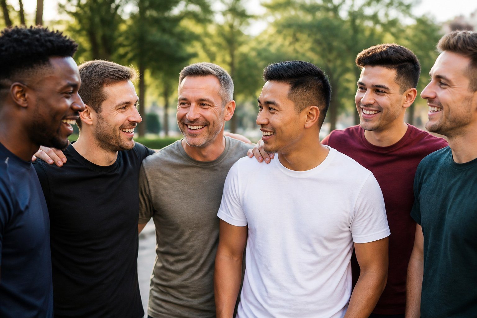 Grupo de homens diversos com cabelos curtos, sorrindo e interagindo em um parque urbano durante o dia.