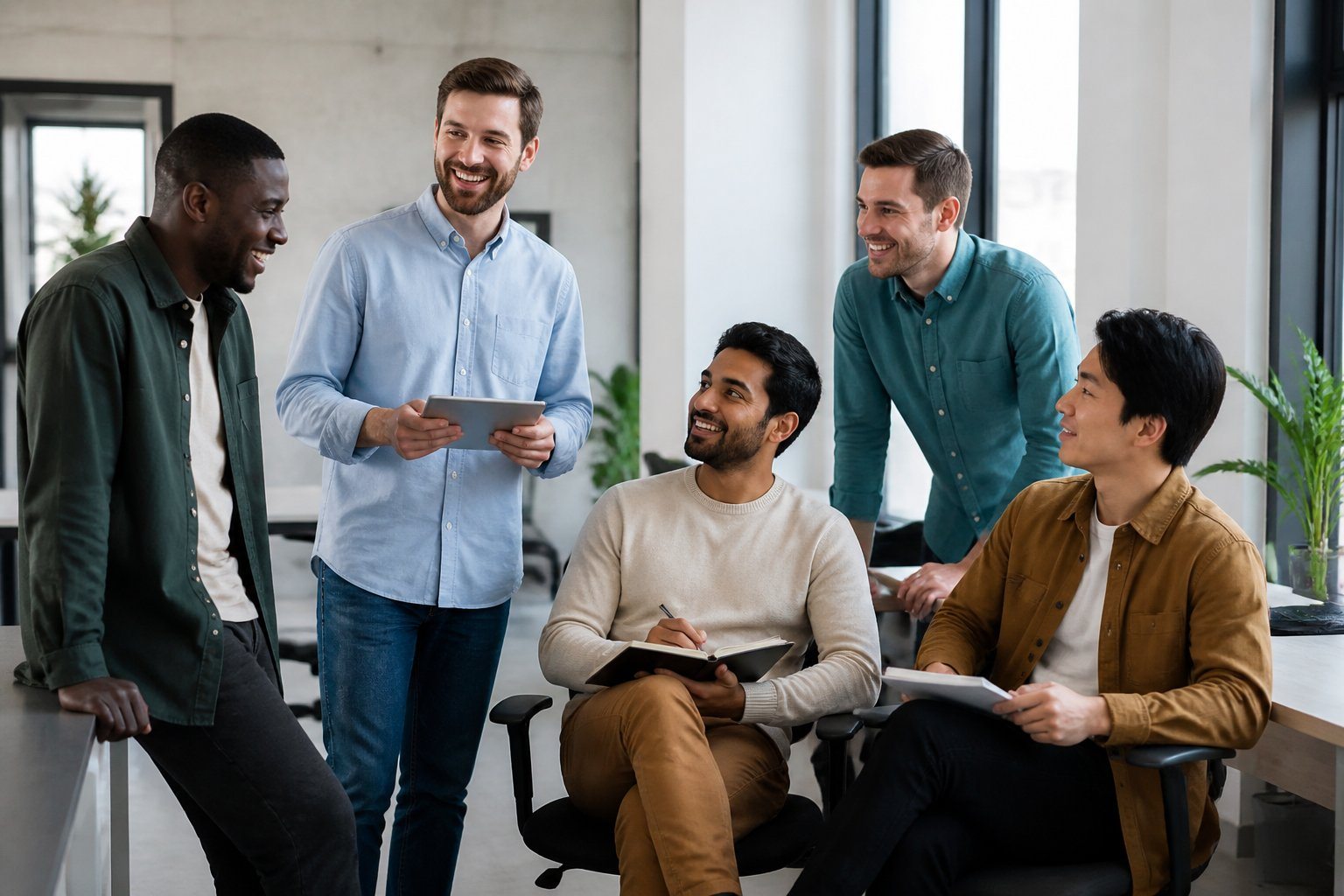 Grupo de homens jovens diversos conversando e trabalhando juntos em um escritório moderno e iluminado.