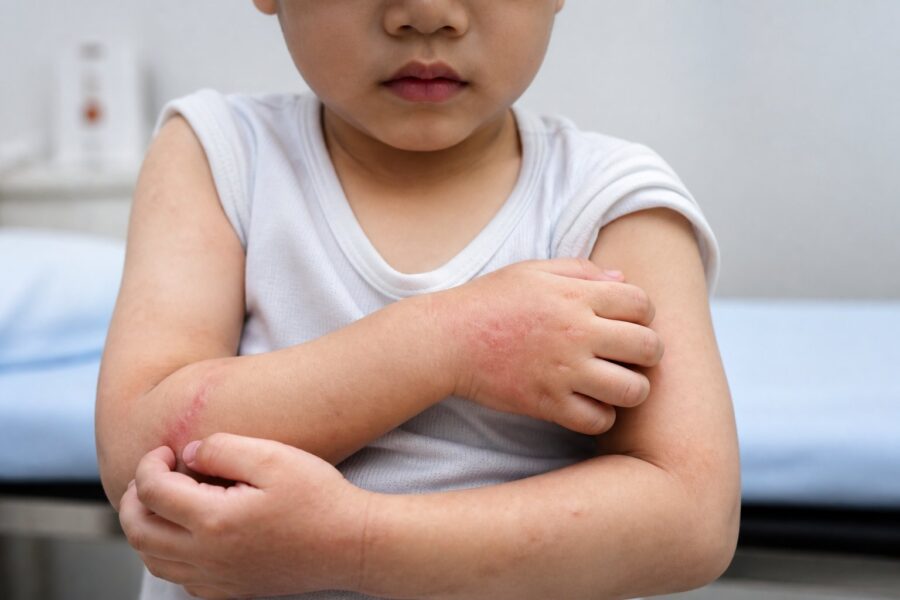 Criança pequena mostrando sinais visíveis de sarna na pele, com áreas vermelhas e irritadas.