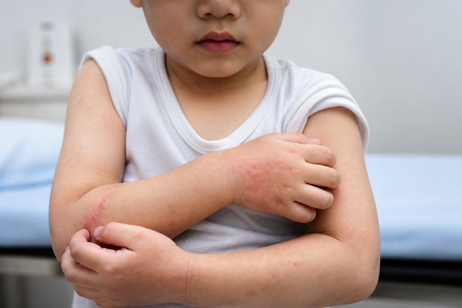 Criança pequena mostrando sinais visíveis de sarna na pele, com áreas vermelhas e irritadas.