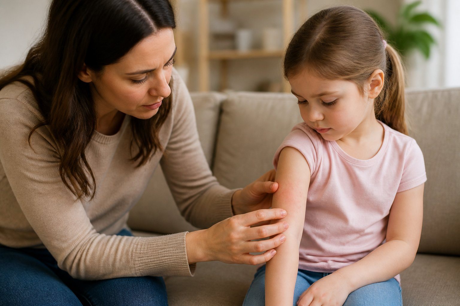 Mãe preocupada examinando a pele de uma criança pequena com sinais leves de irritação.