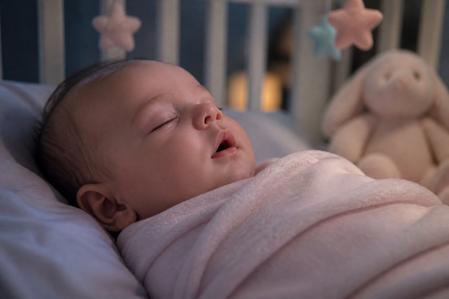 Bebê dormindo em um berço aconchegante, com boca levemente aberta e movimento suave do peito.